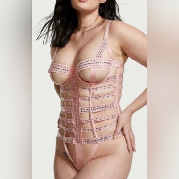 Victoria's Secret Bling Rhinestone Strappy Caged Bondage Teddy Light Pink NWT - Picture 13 of 14